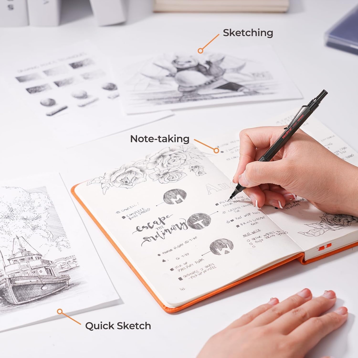 Nicpro 5 Pcs Metal Mechanical Pencils Set, Artist Drafting Pencil 0.5 & 0.7 & 0.9mm & 2Pcs 2mm Graphite Lead Holder(4B 2B HB 2H) with Lead Refills, Erasers - Black