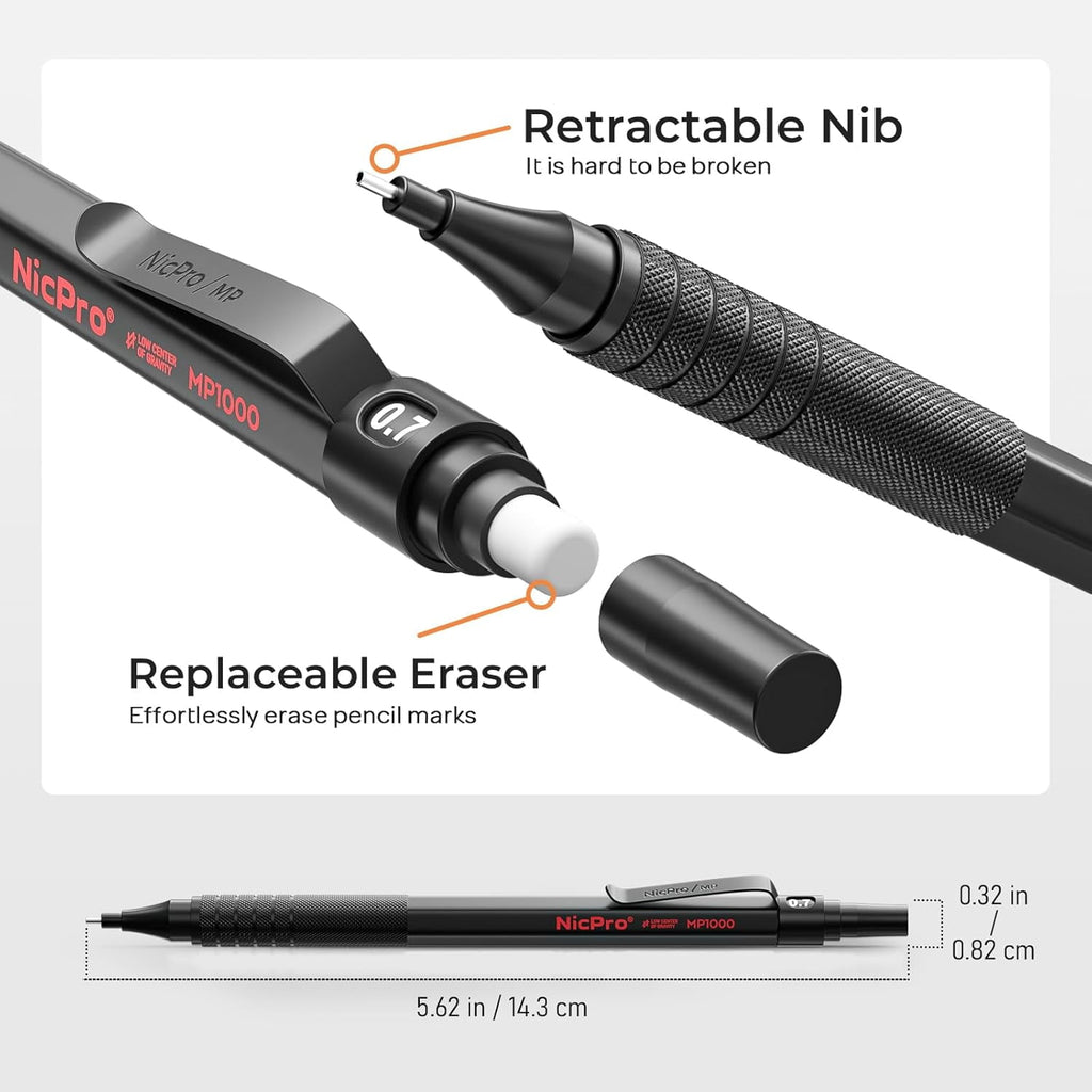 Nicpro 5 Pcs Metal Mechanical Pencils Set, Artist Drafting Pencil 0.5 & 0.7 & 0.9mm & 2Pcs 2mm Graphite Lead Holder(4B 2B HB 2H) with Lead Refills, Erasers - Black