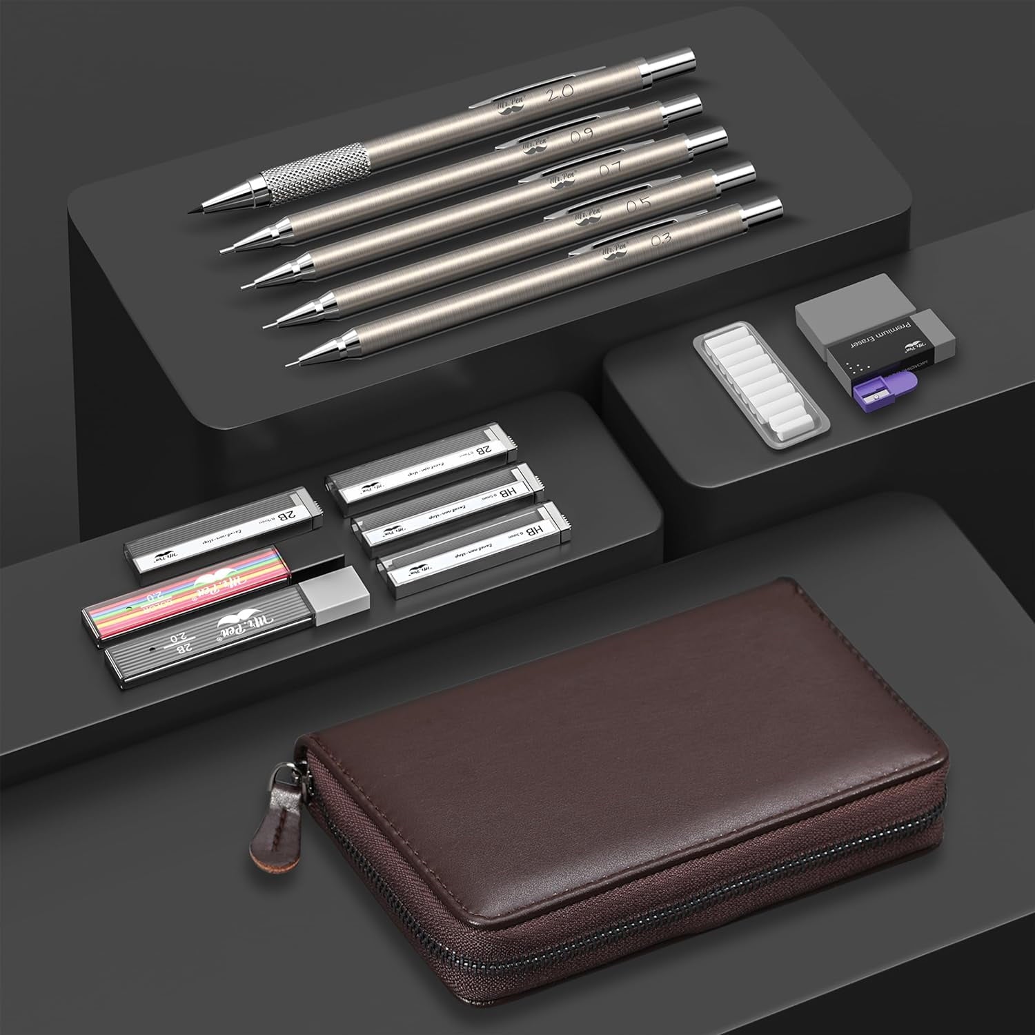 Mr. Pen- Metal Mechanical Pencil Set in Leather Case, 5 Sizes, 0.3, 0.5, 0.7, 0.9, 2mm