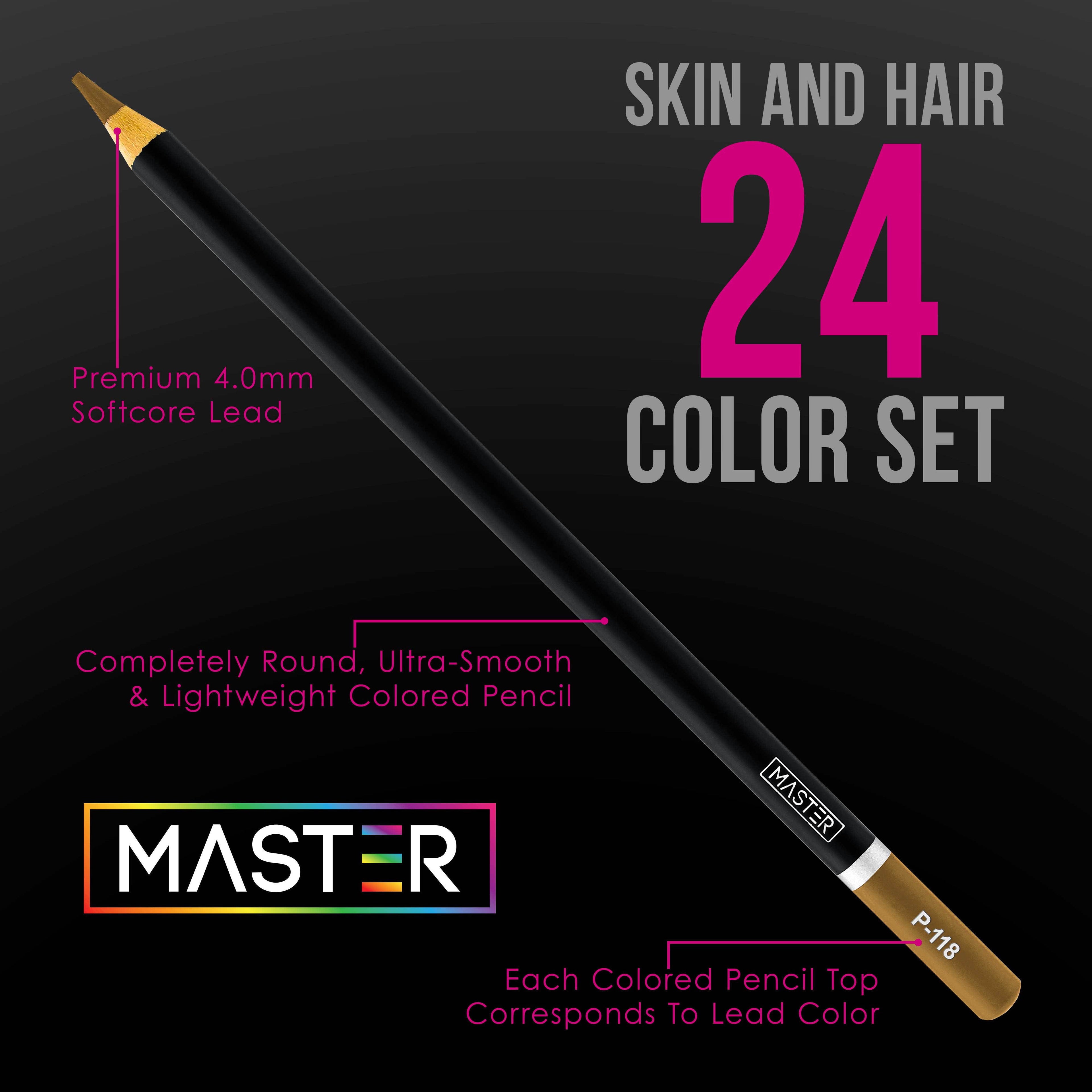 Master 24 Colored Pencil Skin, Hair Tone Set, Soft Core Vibrant Colors Pro Premium Artist Quality - Blend, Shade, Layer