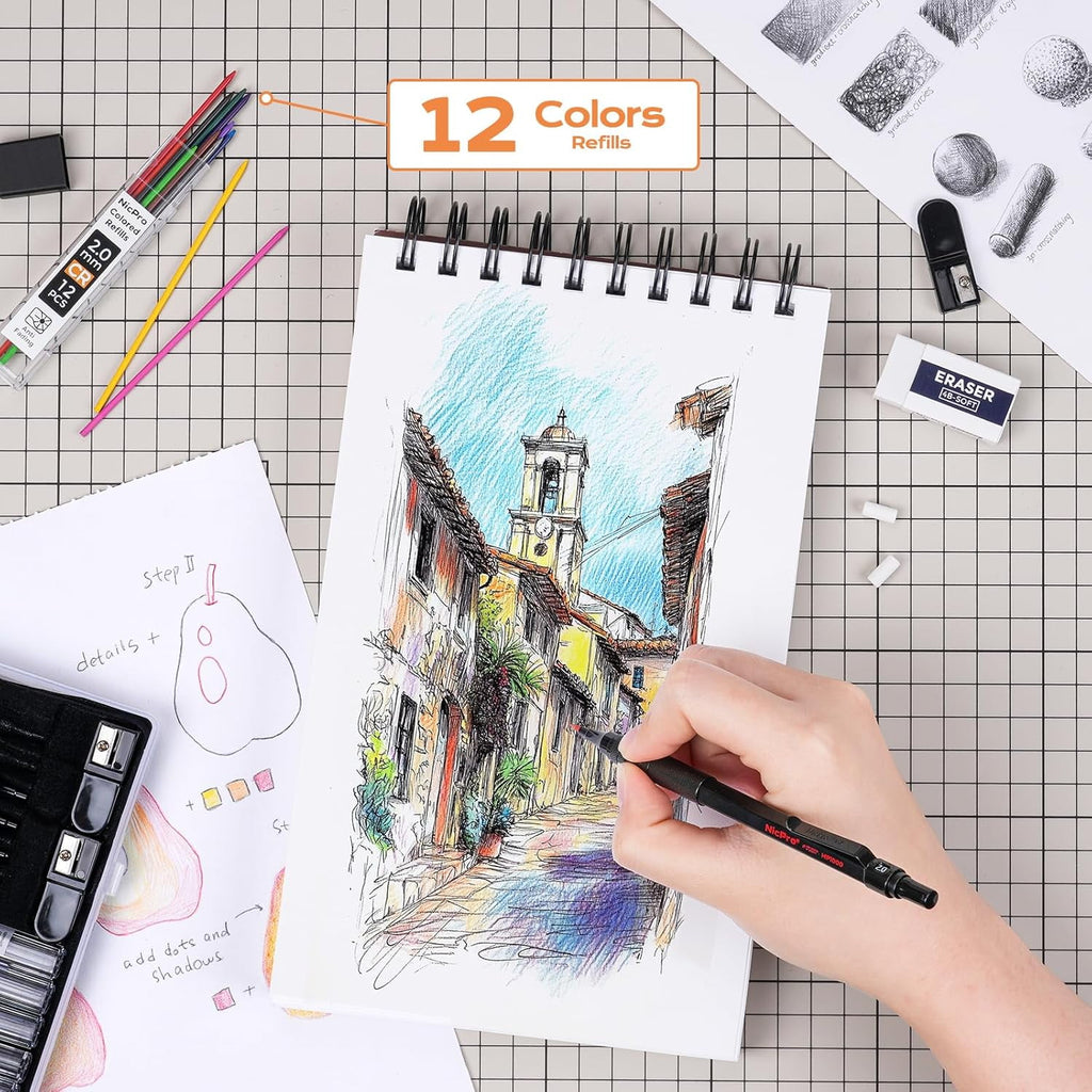 Nicpro 5 Pcs Metal Mechanical Pencils Set, Artist Drafting Pencil 0.5 & 0.7 & 0.9mm & 2Pcs 2mm Graphite Lead Holder(4B 2B HB 2H) with Lead Refills, Erasers - Black