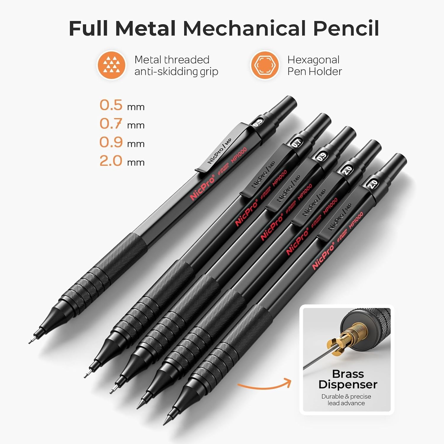 Nicpro 5 Pcs Metal Mechanical Pencils Set, Artist Drafting Pencil 0.5 & 0.7 & 0.9mm & 2Pcs 2mm Graphite Lead Holder(4B 2B HB 2H) with Lead Refills, Erasers - Black