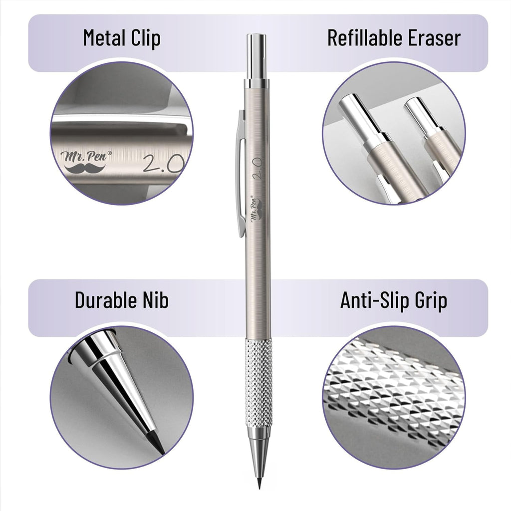 Mr. Pen- Metal Mechanical Pencil Set in Leather Case, 5 Sizes, 0.3, 0.5, 0.7, 0.9, 2mm