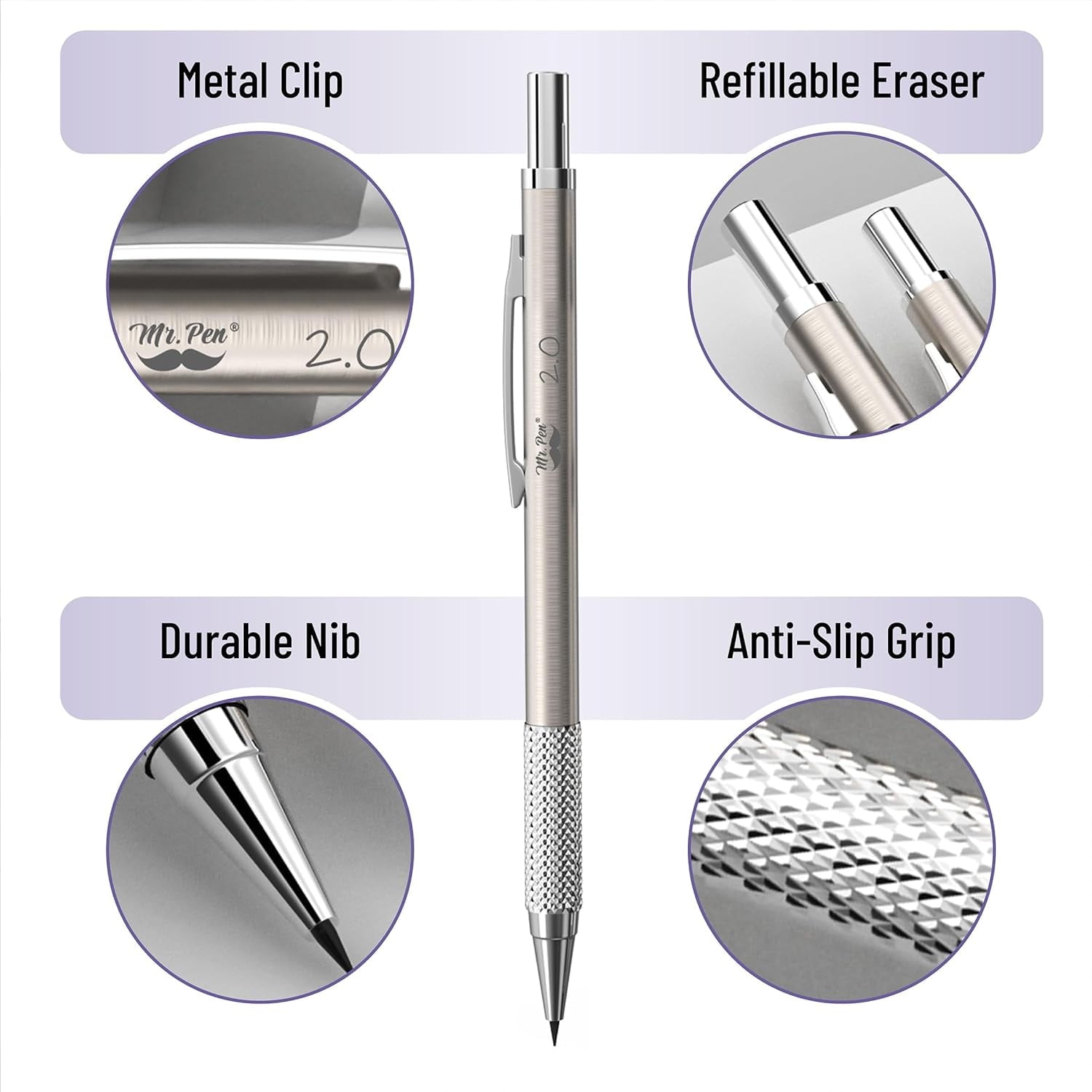 Mr. Pen- Metal Mechanical Pencil Set in Leather Case, 5 Sizes, 0.3, 0.5, 0.7, 0.9, 2mm