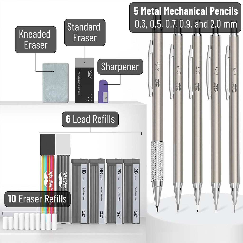 Mr. Pen- Metal Mechanical Pencil Set in Leather Case, 5 Sizes, 0.3, 0.5, 0.7, 0.9, 2mm