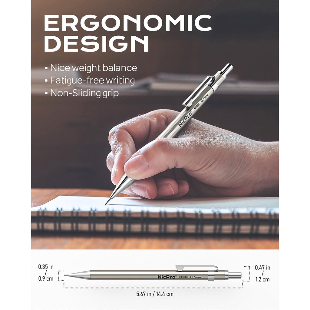 Nicpro 8Pcs 0.5mm & 0.7mm Metal Mechanical Pencils Set, Lead Drafting Pencil with 8 Tubes HB Lead Refills, 3Pcs 4B Erasers, 9Pcs Eraser Refills, Come with Case