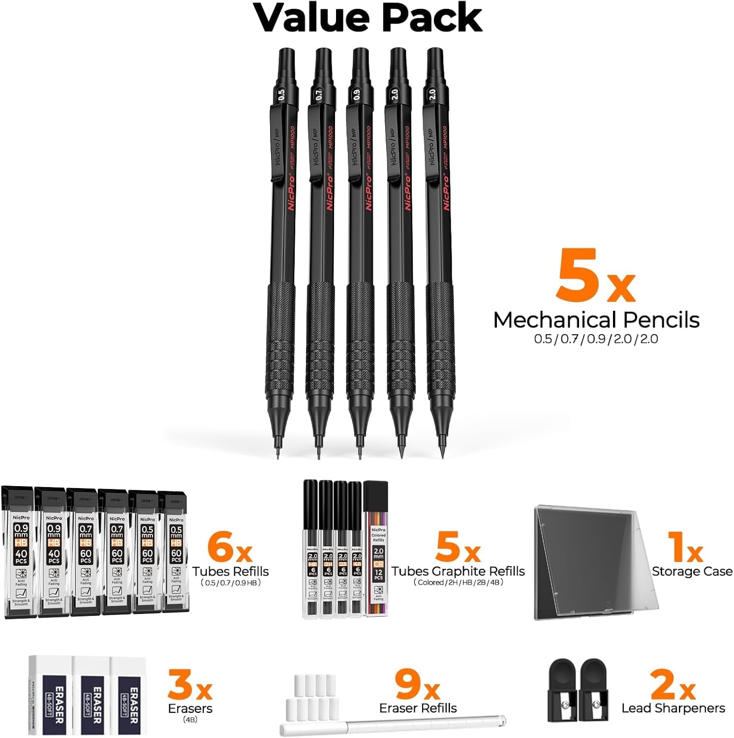 Nicpro 5 Pcs Metal Mechanical Pencils Set, Artist Drafting Pencil 0.5 & 0.7 & 0.9mm & 2Pcs 2mm Graphite Lead Holder(4B 2B HB 2H) with Lead Refills, Erasers - Black