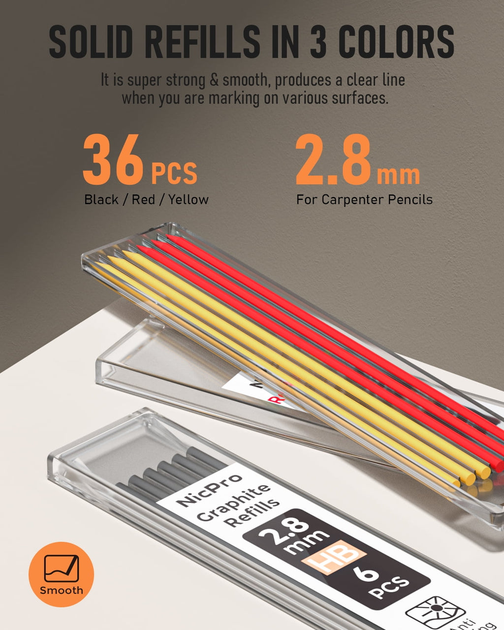 Nicpro 3 Pcs 2.8 mm Carpenter Pencils Set, Solid Mechanical Pencils with 39 Refills (Red, Black, Yellow), Sharpener & Finger Grip, Woodworking Pencils