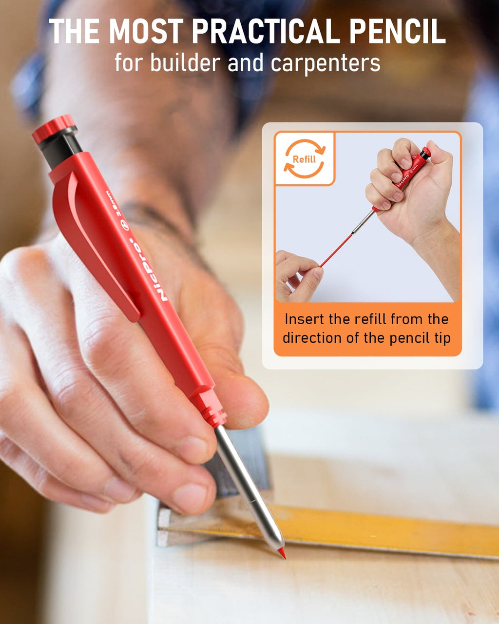 Nicpro 3 Pcs 2.8 mm Carpenter Pencils Set, Solid Mechanical Pencils with 39 Refills (Red, Black, Yellow), Sharpener & Finger Grip, Woodworking Pencils