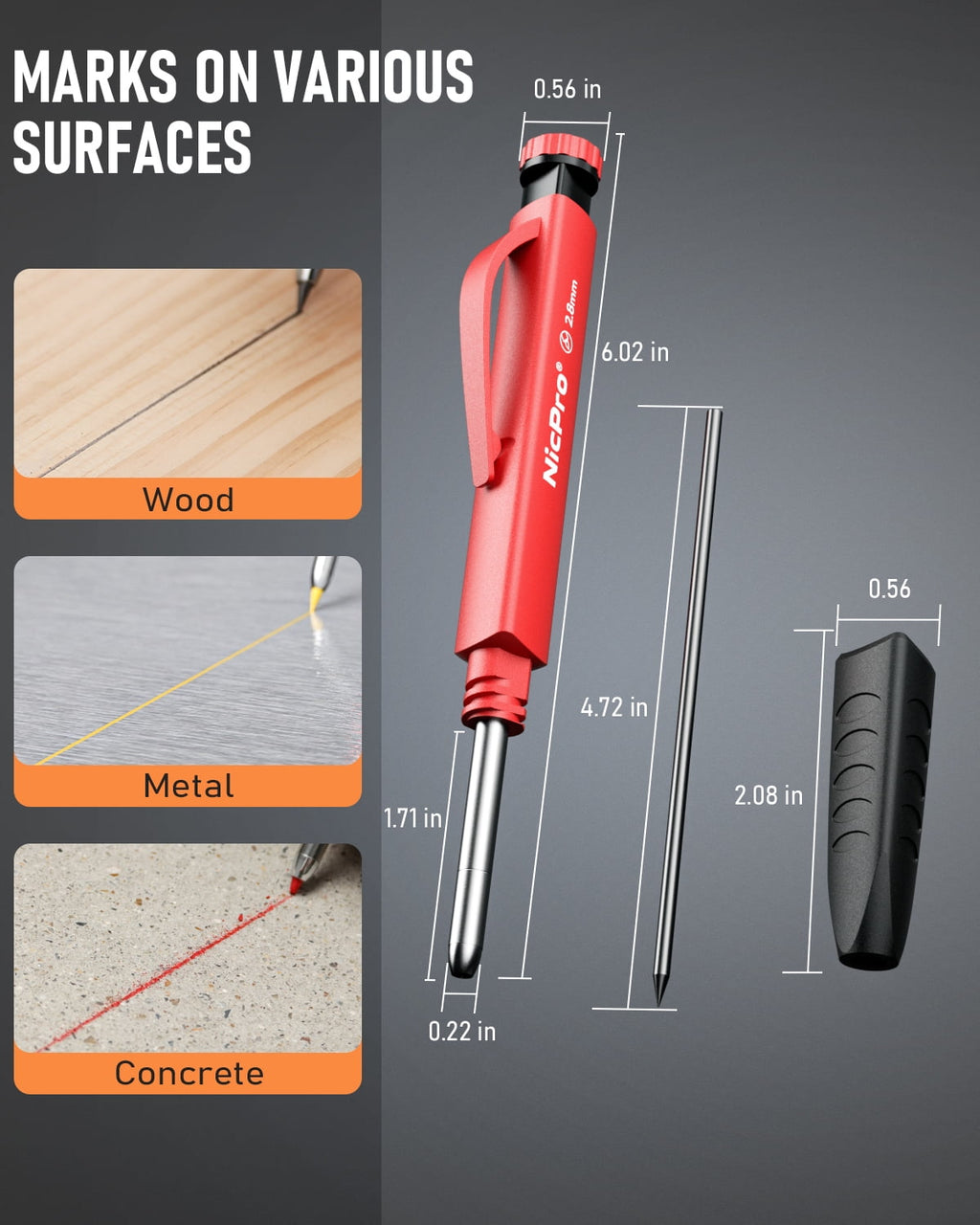 Nicpro 3 Pcs 2.8 mm Carpenter Pencils Set, Solid Mechanical Pencils with 39 Refills (Red, Black, Yellow), Sharpener & Finger Grip, Woodworking Pencils