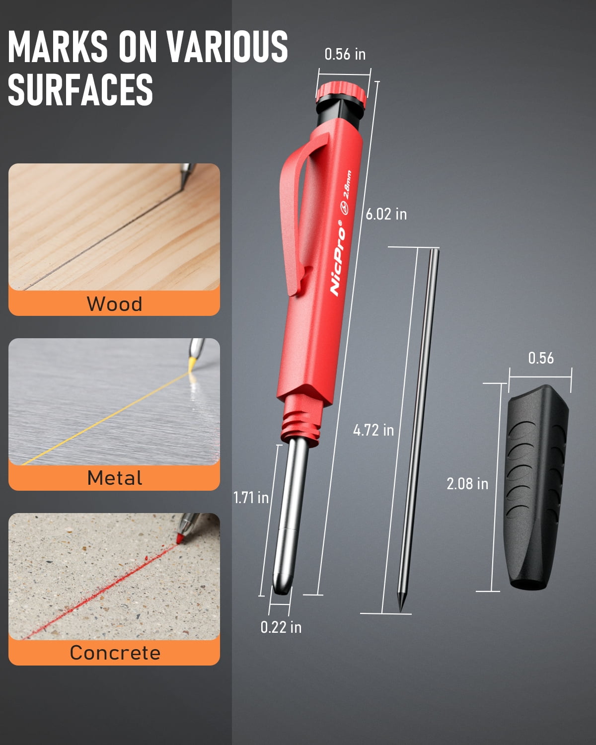 Nicpro 3 Pcs 2.8 mm Carpenter Pencils Set, Solid Mechanical Pencils with 39 Refills (Red, Black, Yellow), Sharpener & Finger Grip, Woodworking Pencils