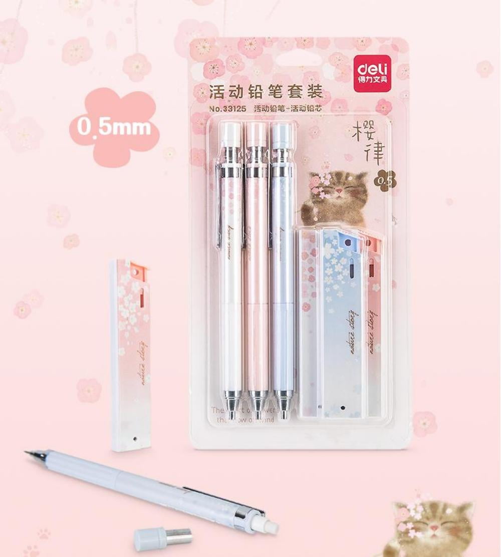Deli Mechanical Pencil Set With 3 Pens+3 Boxes of Pen Refills HB 0.5mm, Spring Romantic - Cherry Blossom Theme