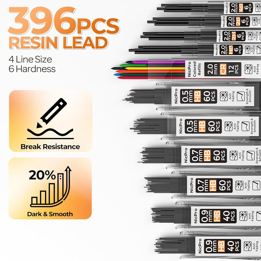 Nicpro 5 Pcs Metal Mechanical Pencils Set, Artist Drafting Pencil 0.5 & 0.7 & 0.9mm & 2Pcs 2mm Graphite Lead Holder(4B 2B HB 2H) with Lead Refills, Erasers - Black