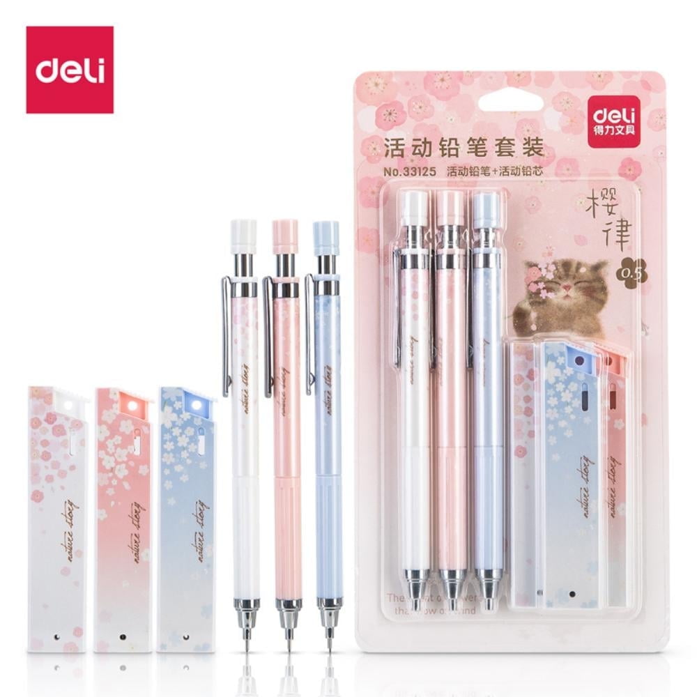 Deli Mechanical Pencil Set With 3 Pens+3 Boxes of Pen Refills HB 0.5mm, Spring Romantic - Cherry Blossom Theme