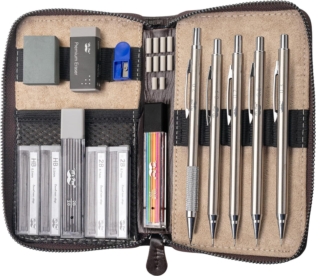 Mr. Pen- Metal Mechanical Pencil Set in Leather Case, 5 Sizes, 0.3, 0.5, 0.7, 0.9, 2mm