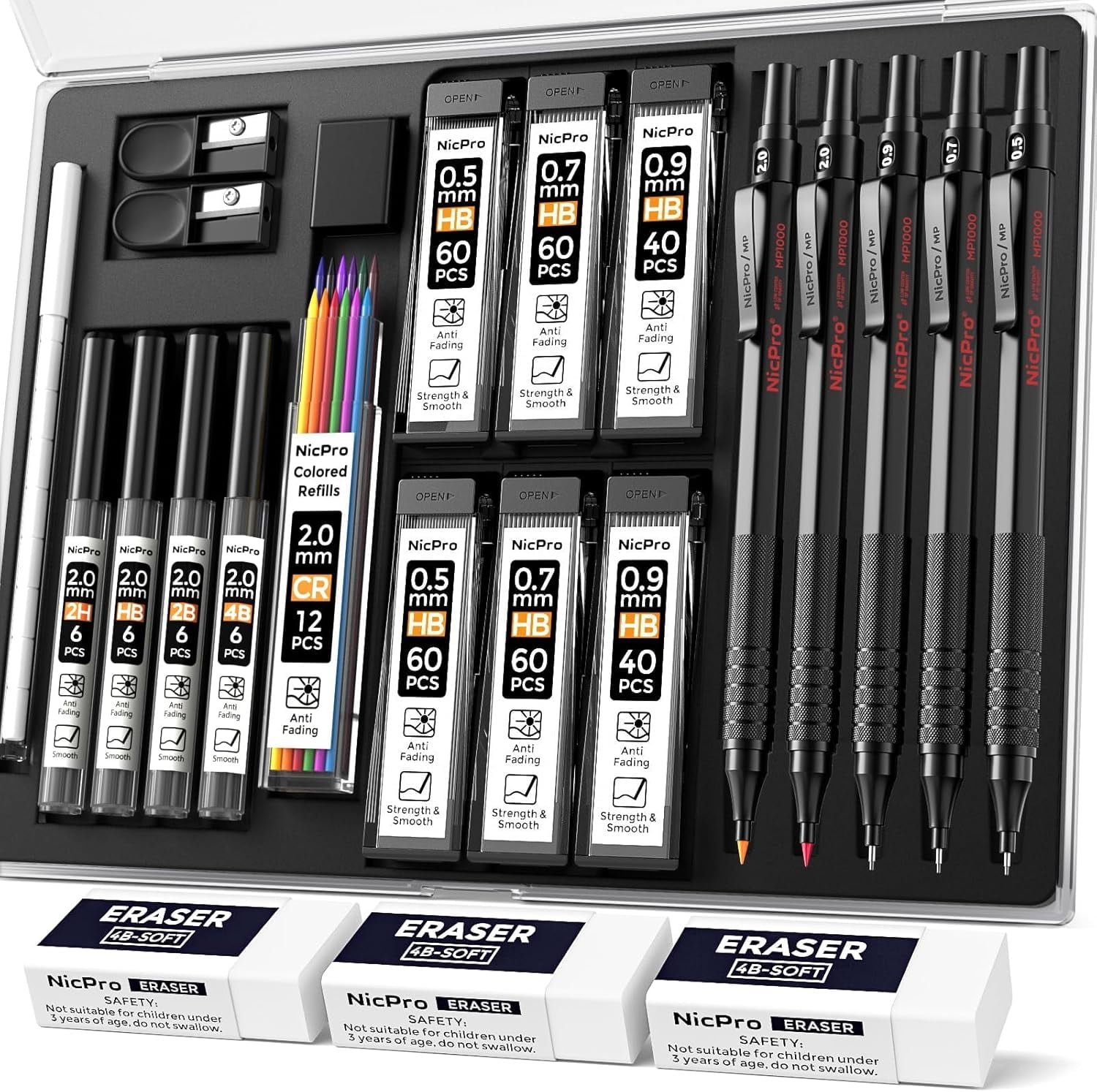 Nicpro 5 Pcs Metal Mechanical Pencils Set, Artist Drafting Pencil 0.5 & 0.7 & 0.9mm & 2Pcs 2mm Graphite Lead Holder(4B 2B HB 2H) with Lead Refills, Erasers - Black