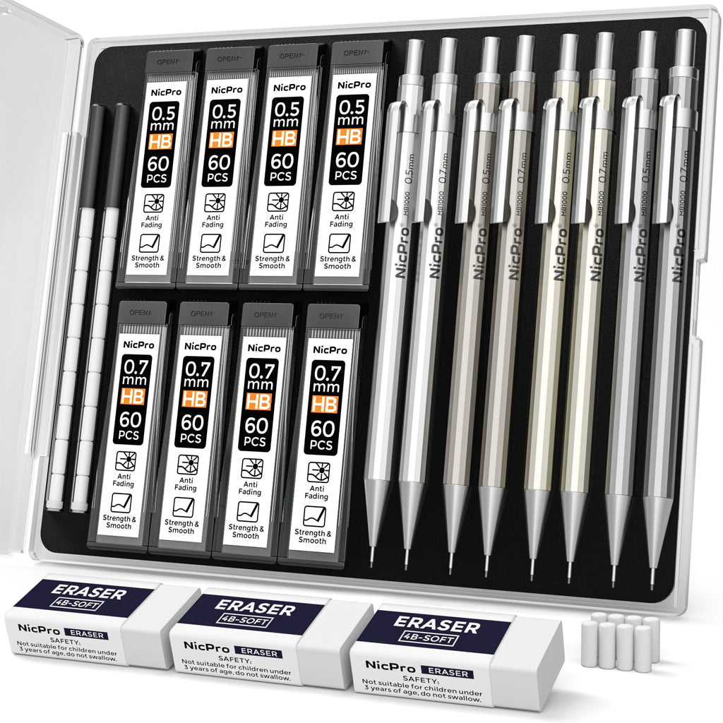 Nicpro 8Pcs 0.5mm & 0.7mm Metal Mechanical Pencils Set, Lead Drafting Pencil with 8 Tubes HB Lead Refills, 3Pcs 4B Erasers, 9Pcs Eraser Refills, Come with Case