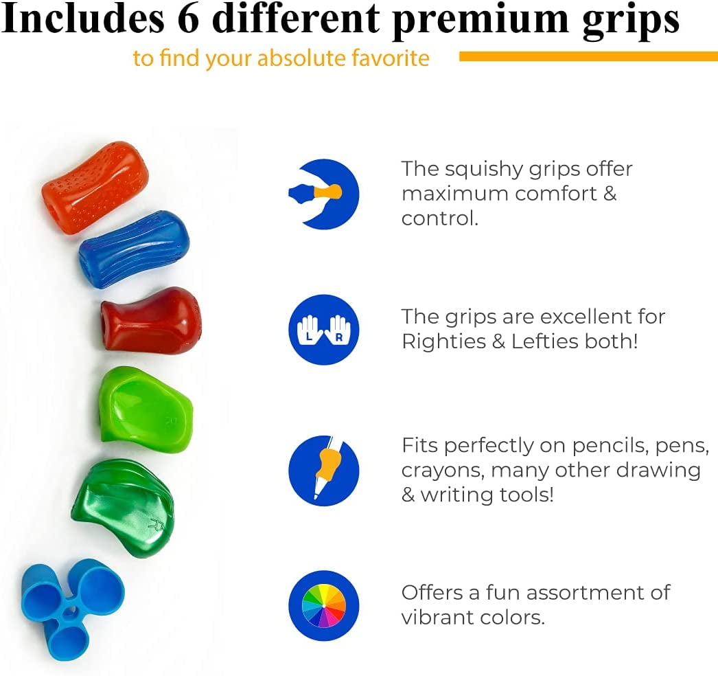 The Pencil Grip Premium Pencil Grips Assortment Pack, Universal Ergonomic Writing Aid For Righties And Lefties, Colorful Pencil Grippers, Includes 6 Different Grips, Assorted Colors, 6 Count