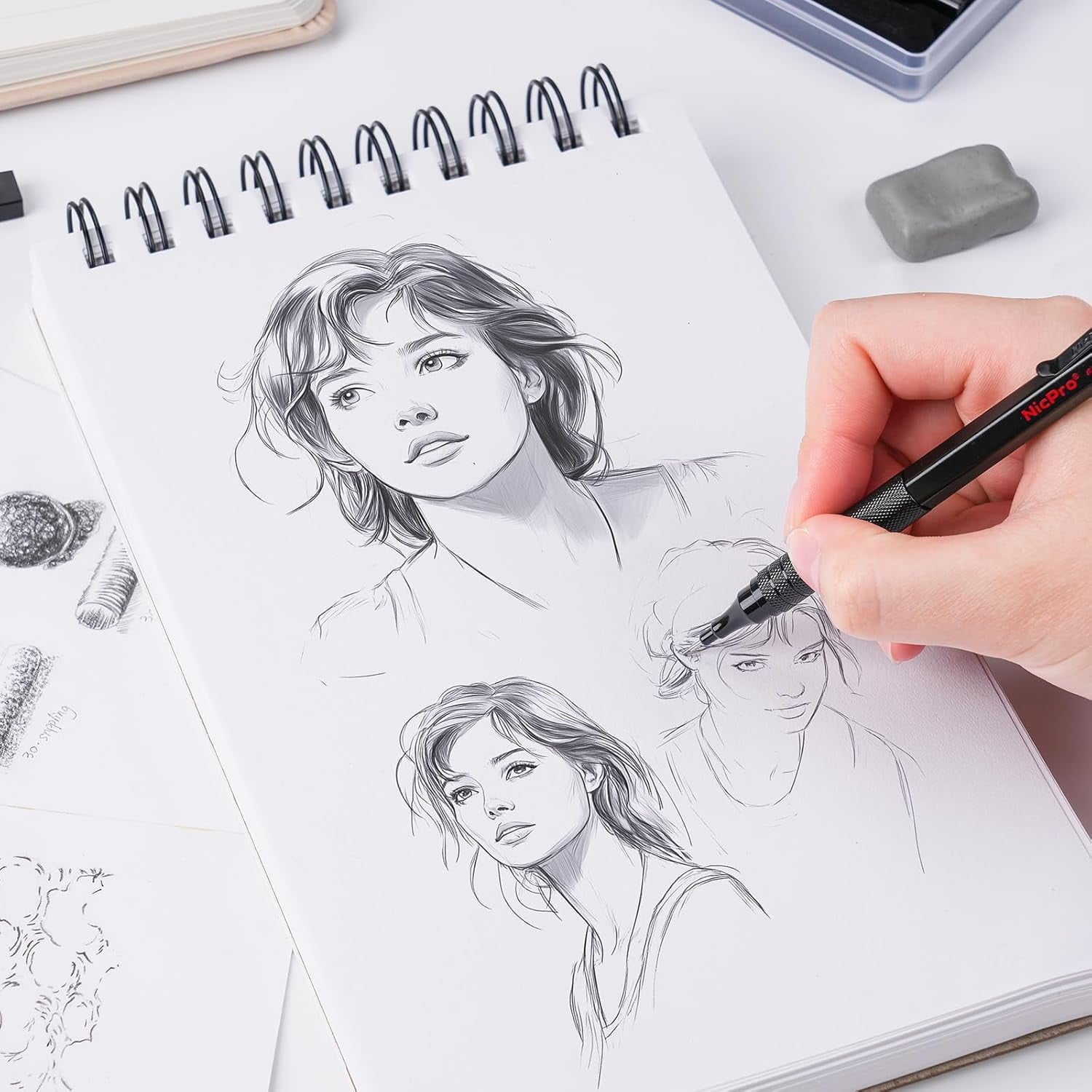 Nicpro 5 Pcs Metal Mechanical Pencils Set, Artist Drafting Pencil 0.5 & 0.7 & 0.9mm & 2Pcs 2mm Graphite Lead Holder(4B 2B HB 2H) with Lead Refills, Erasers - Black