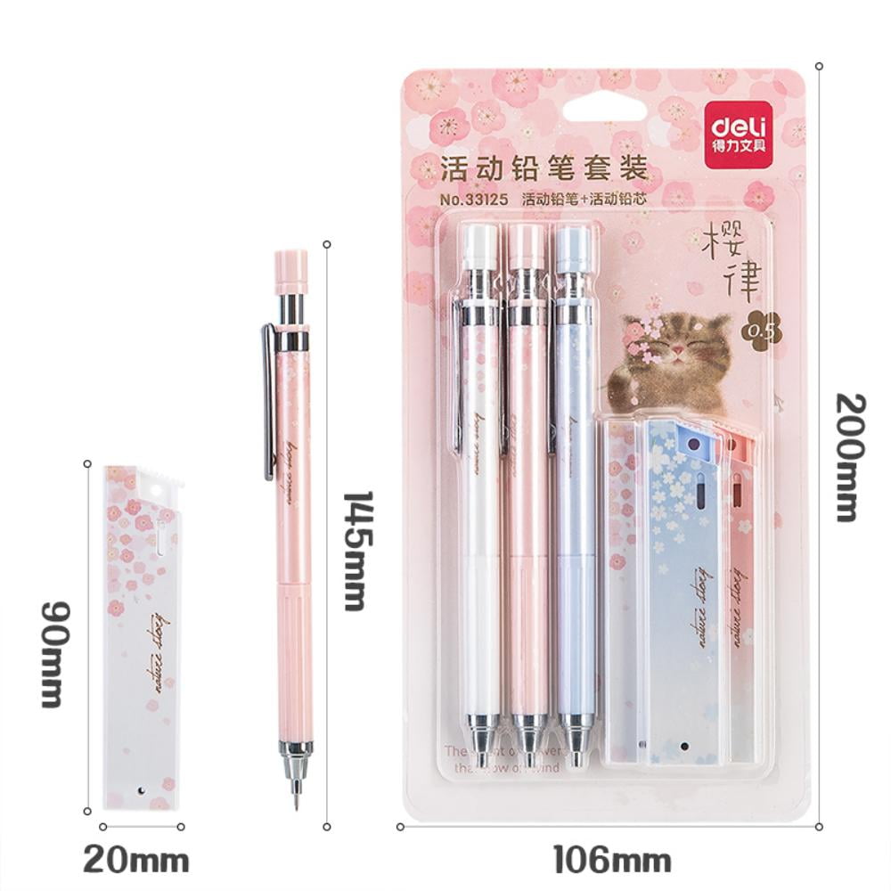 Deli Mechanical Pencil Set With 3 Pens+3 Boxes of Pen Refills HB 0.5mm, Spring Romantic - Cherry Blossom Theme