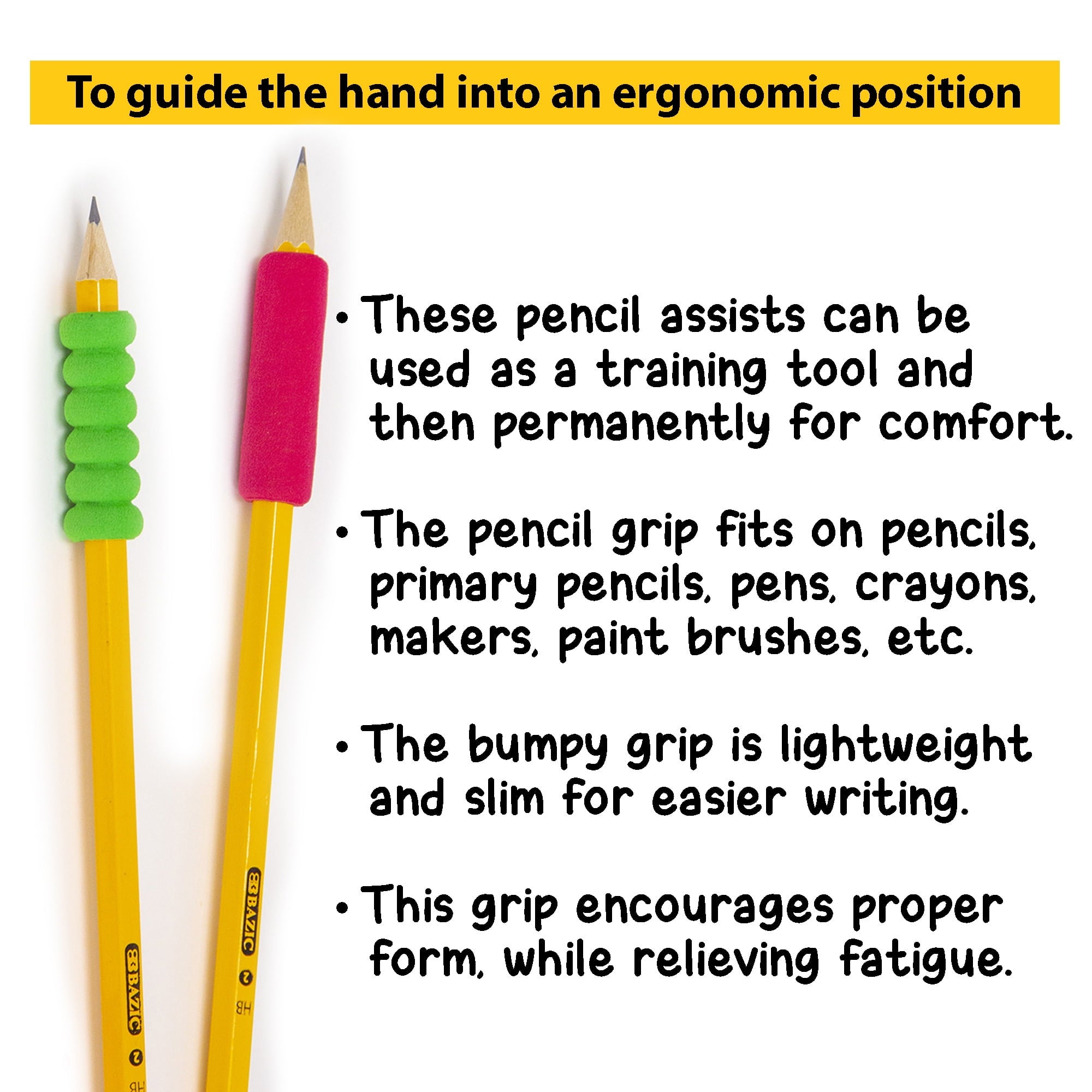 BAZIC Pencil Grip Soft Foam Pen Grip, Assorted Color (8/Pack), 24-Packs