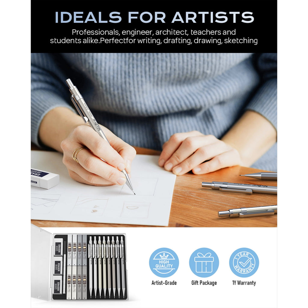 Nicpro 8Pcs 0.5mm & 0.7mm Metal Mechanical Pencils Set, Lead Drafting Pencil with 8 Tubes HB Lead Refills, 3Pcs 4B Erasers, 9Pcs Eraser Refills, Come with Case