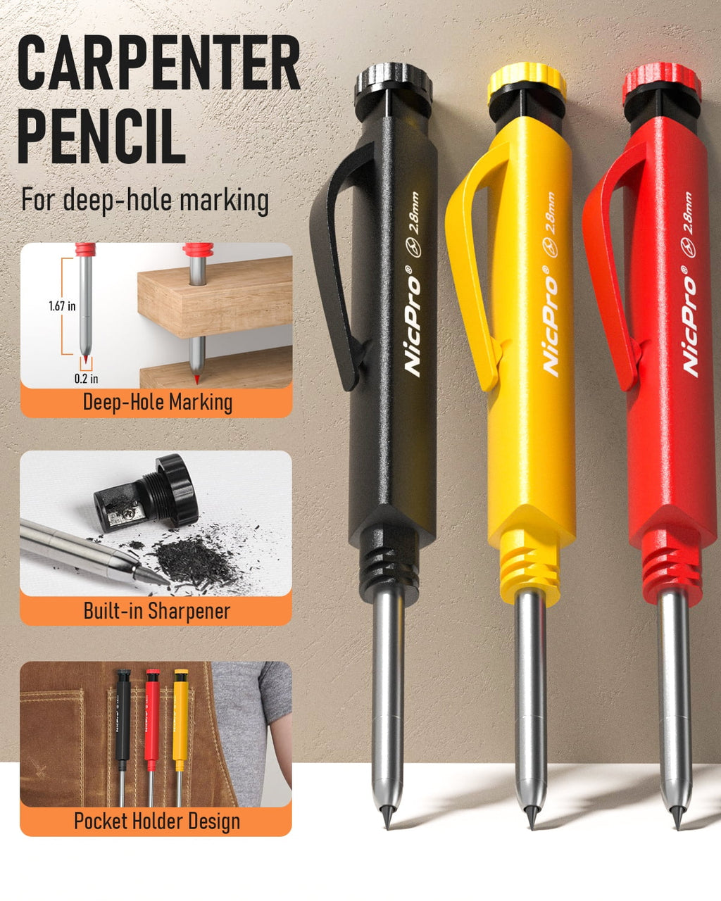 Nicpro 3 Pcs 2.8 mm Carpenter Pencils Set, Solid Mechanical Pencils with 39 Refills (Red, Black, Yellow), Sharpener & Finger Grip, Woodworking Pencils