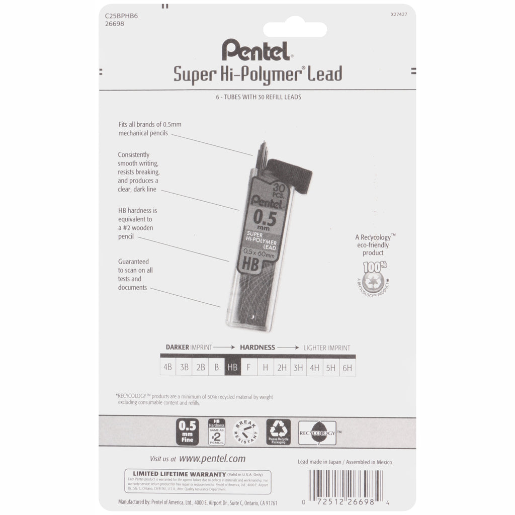 Pentel Super Hi-Polymer Refill Lead, Fine Point 0.5mm, 6-Count