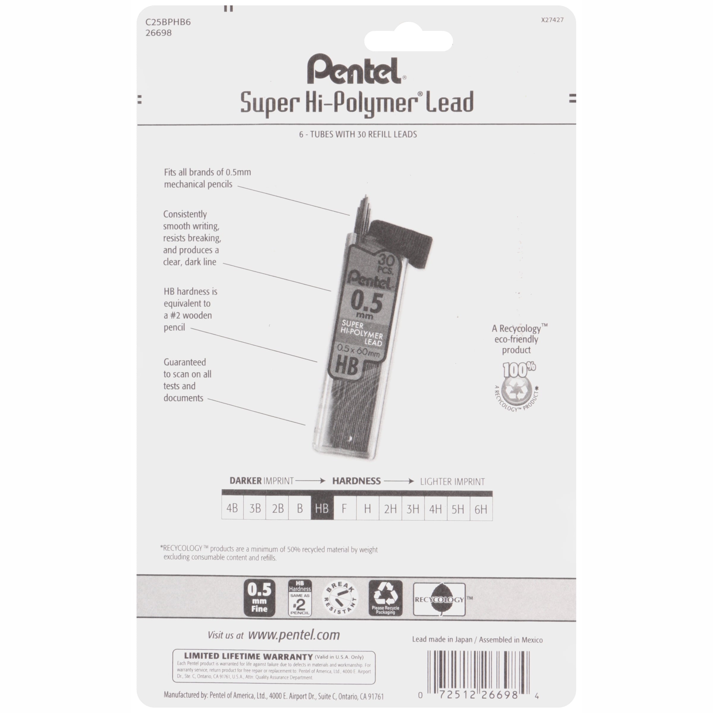 Pentel Super Hi-Polymer Refill Lead, Fine Point 0.5mm, 6-Count